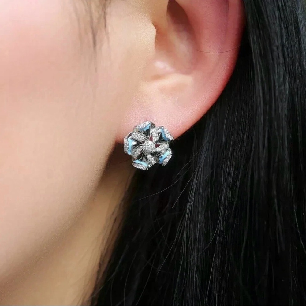 NEW 925 Silver Plated Blue Flower Stud Statement Earrings, Crystal Cubic Zircon - Picture 2 of 8